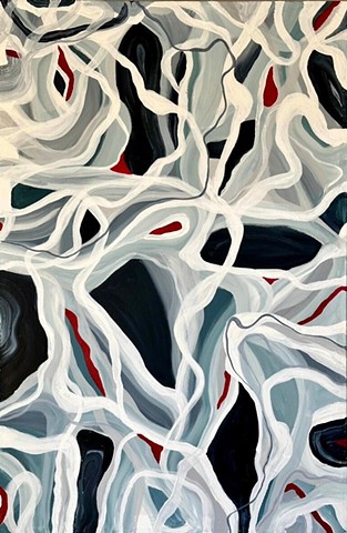 Swirly Modern Abstract Acrylic Painting on Canvas, Navy Blue, Grey, White, Red, Wall Art Abstract Artwork Large Wall Art