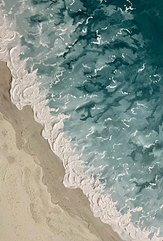 Green Ocean Wave Sandy Beach Painting on Canvas, Abstract Aerial View, Green minty sage, Linen, Beige, Creams, Whites, Wall Art, home décor,