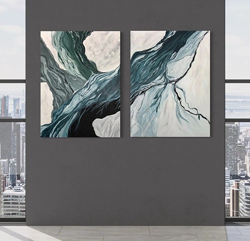 Set of 2 Abstract Paintings, Marble Rock Water Extra Large (36 x 48) each, Greys Greens Blues Whites Black, Wall Art