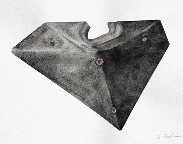 A watercolor painting of a highly textured black climbing hold, of the type used in bouldering or indoor top-roping climbing gyms. The hold is pentagonal, with an overall triangular shape like a faceted gem. The hold is black with brown screws and bolt.