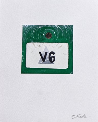A watercolor painting of a green acrylic tag used to mark climbing route difficulties. It is a rich green square with a bolt in the top center. The bottom half of the green square is covered by a white tag with the gym's logo on it and a big V6 in the center. The painting is centered horizontally on the paper and placed slightly higher than centered vertically.