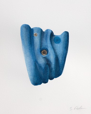 A watercolor painting of a blue climbing hold. It is a vertically-oriented pinch hold with three central, wavy ridges running vertically.
