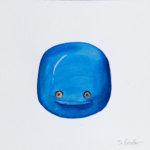 A watercolor painting of a bright blue climbing hold in a rounded square shape. It looks like a face: two-thirds down there are two screw holes that look like eyes, with a small textured "smile" below. The impression is of smooth, shiny plastic except for the rough-textured mouth and the screws for eyes.