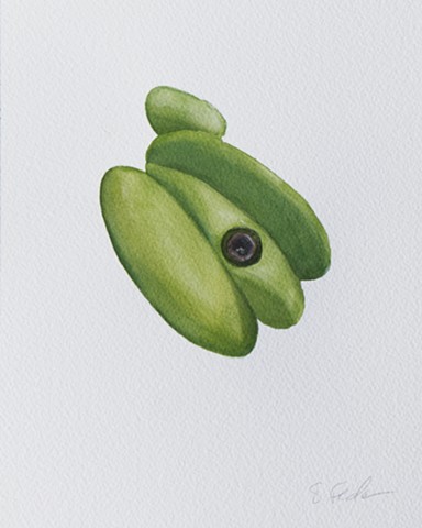 A watercolor painting of a green climbing hold, with three round oval mounds placed next to each other and one small mounded oval along the top. 