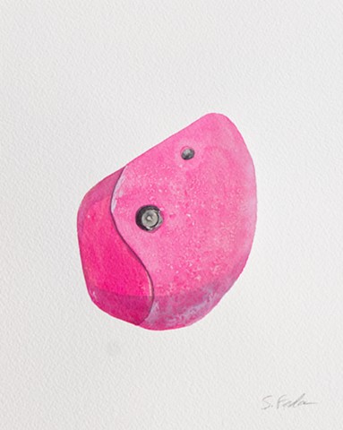 A watercolor painting of a bright pink climbing hold. It is a wing-shaped, dual-tex jug with texture across the upper two-thirds and a smooth surface across the lower left third.