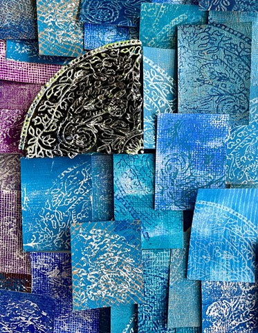 Monoprints on recycled papers and hand carved wood block