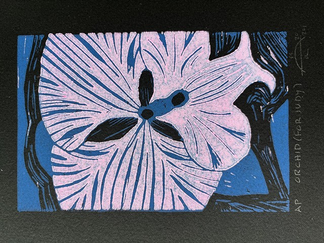 Orchid (for Judy) | Linoleum reduction relief print | Acrylic ink on black cotton fine-art paper | Signed artist's proof
