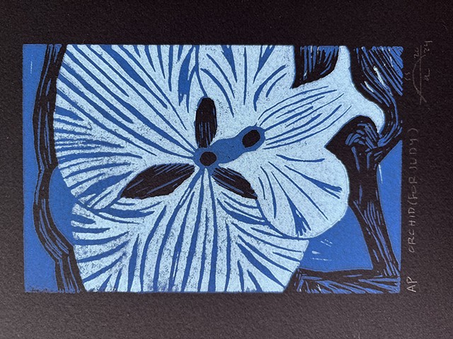 Orchid (for Judy) | Linoleum reduction relief print | Acrylic ink on black cotton fine-art paper | Signed artist's proof