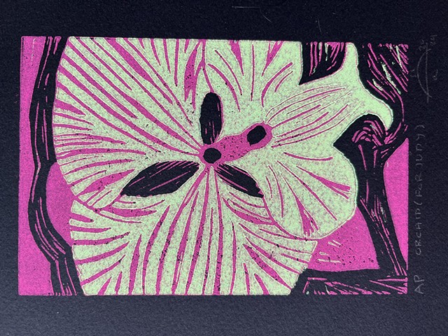 Orchid (for Judy) | Linoleum reduction relief print | Acrylic ink on black cotton fine-art paper | Signed artist's proof