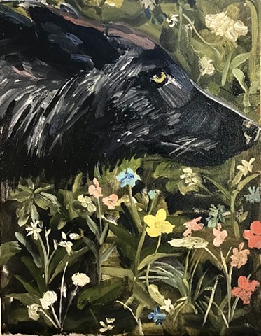 Black Dog with Wild Flowers