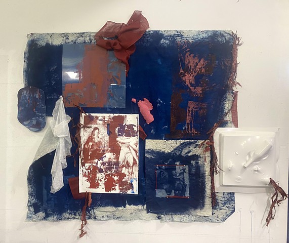 screenprint on cyanotype canvas, mesh, cardboard packaging shreds, sheer fabric, vacuum formed plastic, push pins, acrylic paint
