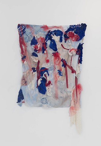 Screen printed and wine stained lace dress and shirt, fraternity flag, tulle, thread, red ribbon, cyanotype wine pressed bed sheet