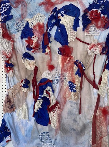Screen printed and wine stained lace dress and shirt, fraternity flag, tulle, thread, red ribbon, cyanotype wine pressed bed sheet