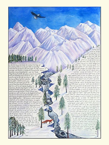 Fox, eagle, snow-capped mountains custom ketubah