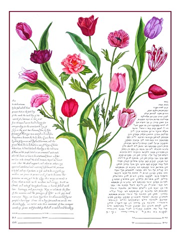 Pink and Red Tulip Bouquet  Custom Ketubah