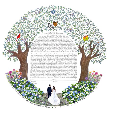 Hydrangeas Olive Tree Circle Custom Ketubah