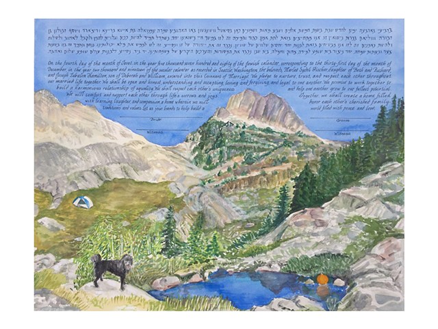 camping custom ketubah with dog portrait