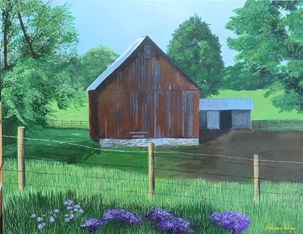 Spring Flowers and a Red Barn