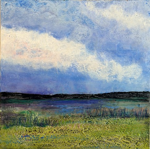 Prairie, greens, mountains grasses, moody, texture, encaustic purples. 