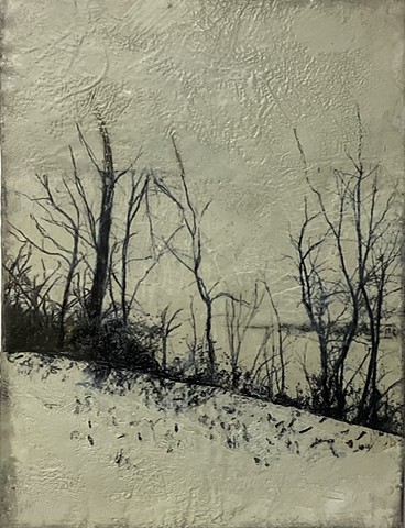 Winter encaustic landscape painting black and white photography trees winter scene 