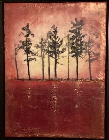 red, photo, trees, encaustic, gold, shimmering, dawn, silhouettes, 