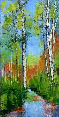Birch aspen stream encaustic solitude quiet greens turquoise forest lost peaceful