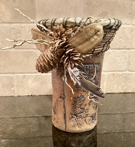 stoneware, cylinder, slab, pinecones, pine needle, vase,  nature, craft, 