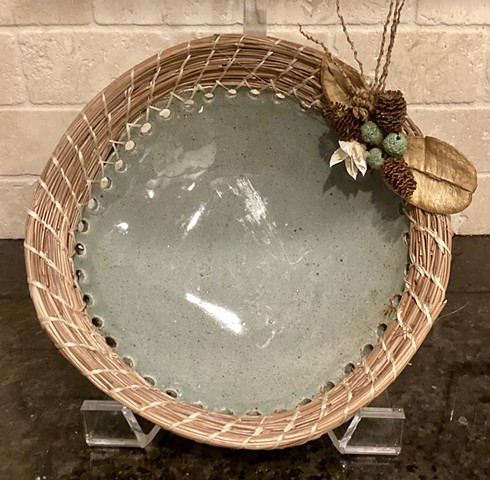 stoneware, bowl, pine needle, ceramic, mixed media, dried seed pods, beads, nature, earthy, craft