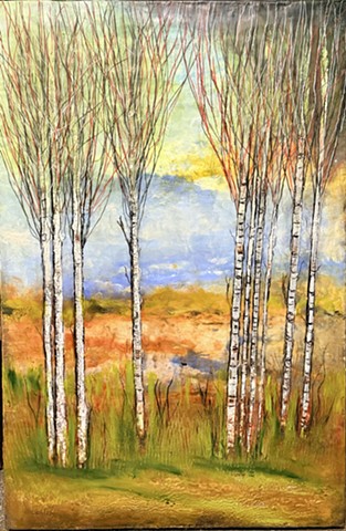 Autumn, spring aspen, birch, blues, golds oranges, illuminated glow