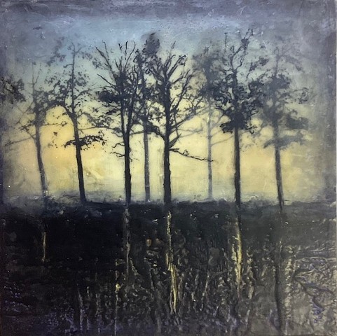 trees, mystical, dawn, dusk, encaustic horizon, golden, rooted 