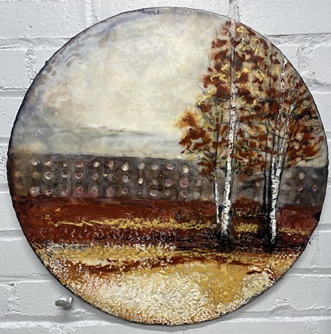 birch, mixed media, encaustic,round,wood,autumn,earth colors