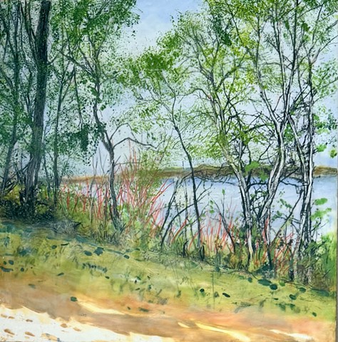 Encaustic greens spring trees Midwest river blue sky