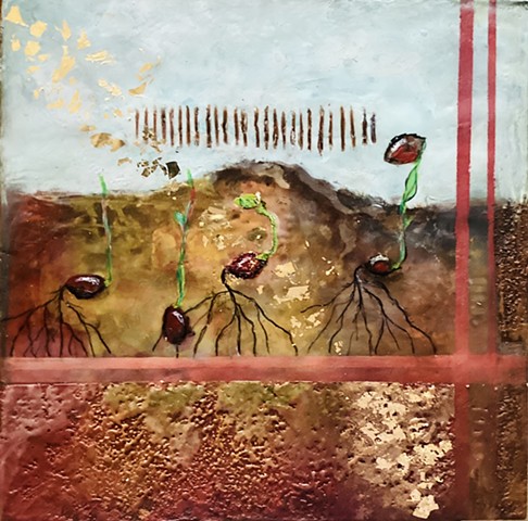 seeds, growth, possibilities, plants, emergence, encaustic, gold, ground, roots, encaustic