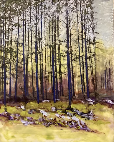 country roads, pines, purple, blues, greens, encaustic, photo, spring, summer, fall