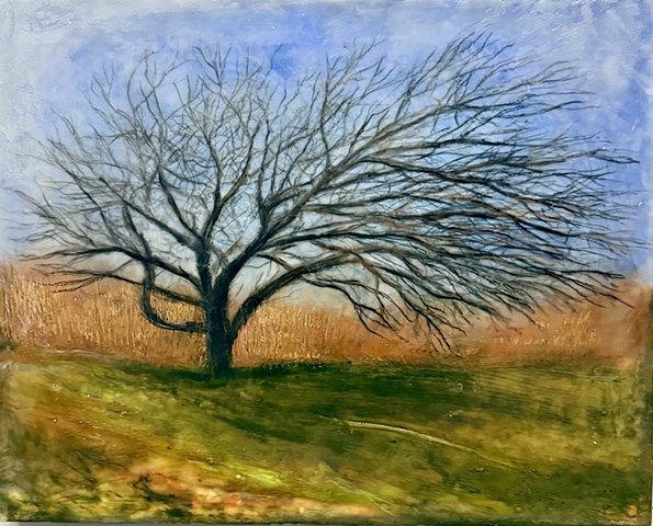 Wind tree memory hazy encaustic windswept lone tree, lonely
