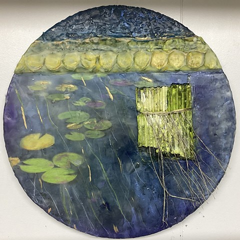 lilypads, Kego, water, lakes, green, blues, summer, Minnesota lakes, weeds, mixed media encaustic