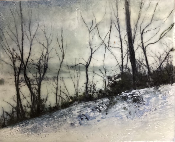 winter, St.Paul, blues, photo, encaustic Mississippi River, Bluffs, moody, icy, frozen, wintery, hazy
