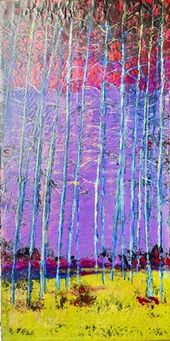trees, photoencaustic, purple, green, reds, spring, autumn, excitement, alive, peaceful