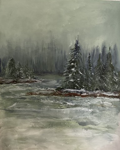 woods, misty, winter, pines, river, Alaska, moody, quiet, meditative,  beauty, peaceful