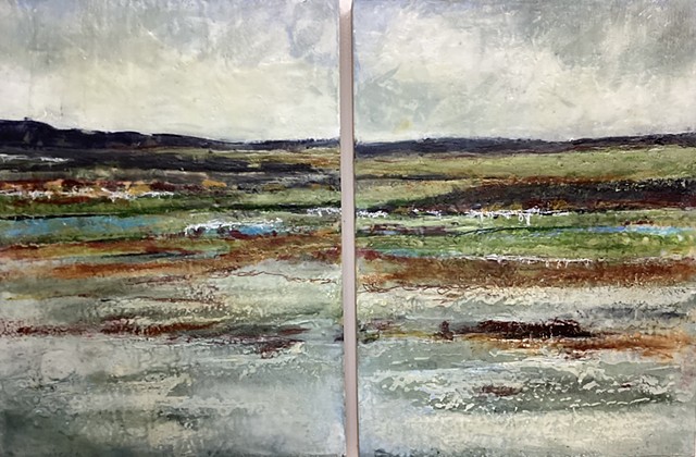 landscape, encaustic, peaceful, diptych, greens, beauty, relaxing, 