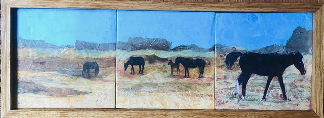 wild ponies monument Valley Encaustic Photo Horses mixed media triptych paper collage 