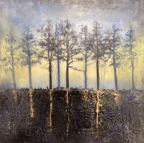 trees, yellow, blues, encaustic, photo, roots