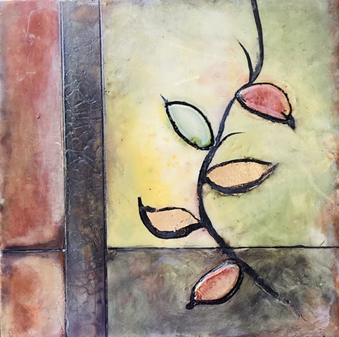 growth, color, leaves, color blocks, gold, encaustic, mixed media, earth tones