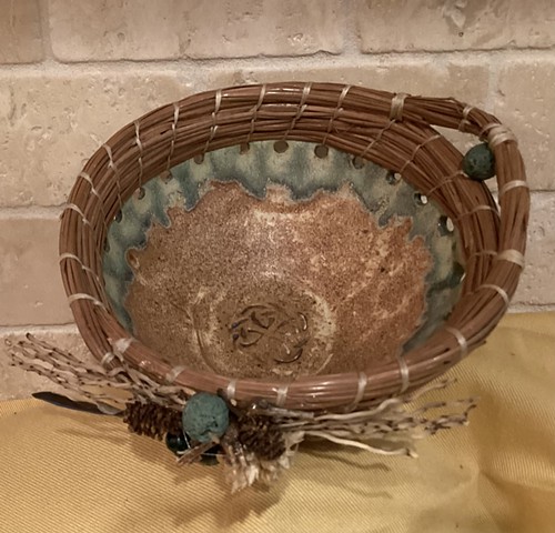 trinket, bowl, Celtic, natural, pine needles. beads, feather, stoneware, small, handmade, slab, glazed