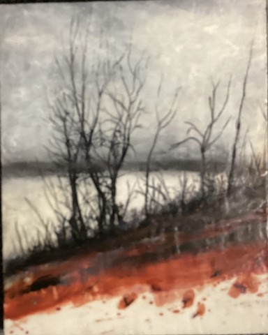 winter, moody, trees, Mississippi, red, encaustic, diptych,  tranquil, 
