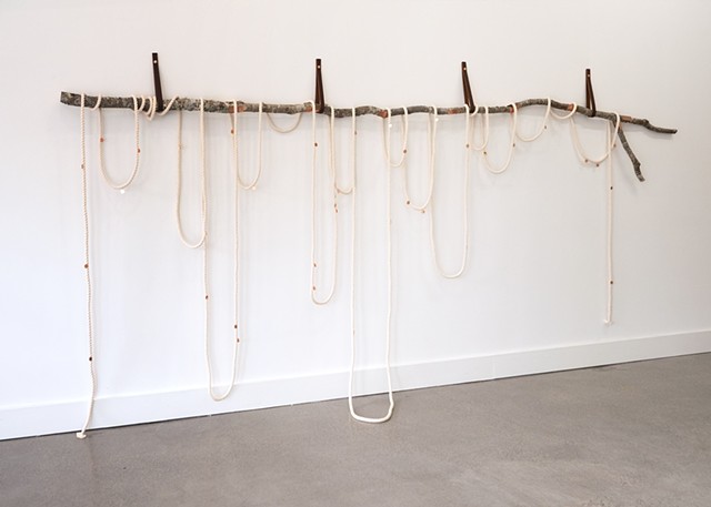 Companions, aides, a means for survival, warmth, 2026, Red oak, copper, cotton rope, leather, salt, dimensions variable