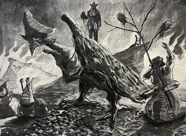 "Amidst the backdrop of the Adjudicator Riots, a lone grub paints embers"