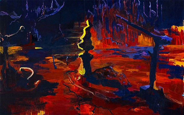 Refugee approaches the burning capital at dusk