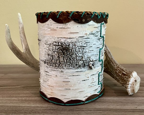 Birch bark cannister stitched with waxed linen