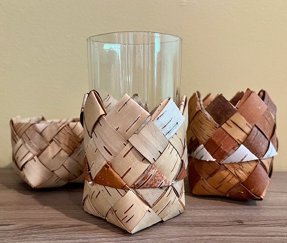 Crowned edge, double woven birch bark basket or drinking glass holder
